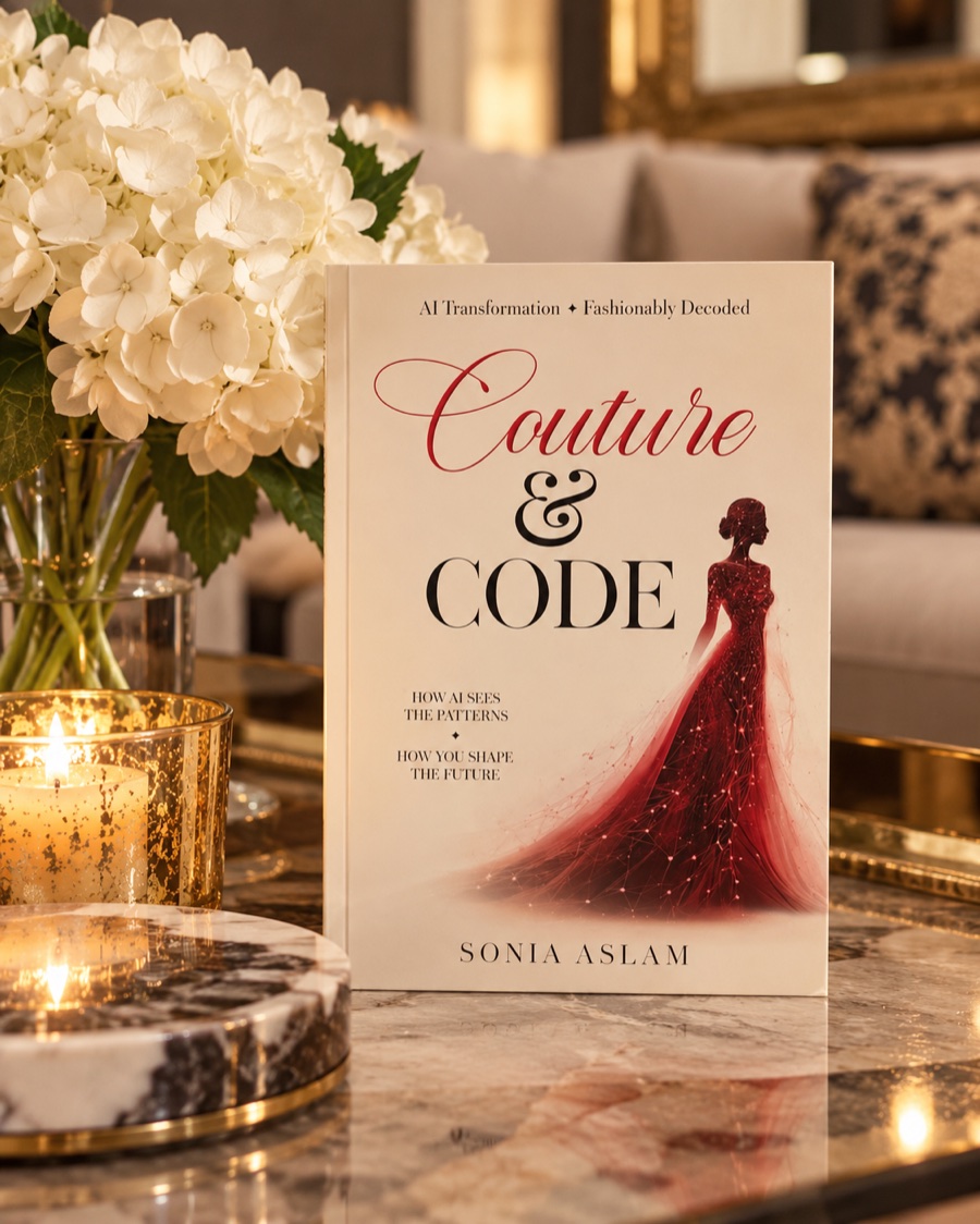 Couture & Code by Sonia Aslam, styled on a marble table