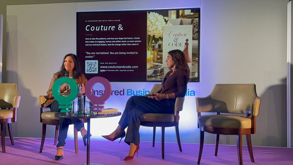 Sonia Aslam in conversation with her host on stage